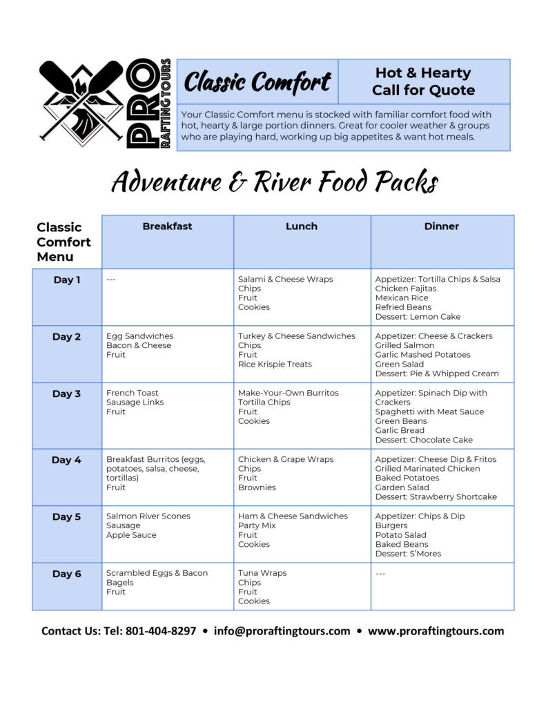 Food Pack Menu for rafting, kayaking, river trip, climbing, biking & hiking adventures.